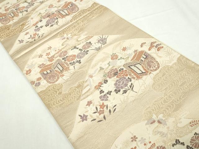 平和屋着物◎六通柄袋帯　唐織　飛鶴御所車花文　金糸　正絹　逸品　DABA3058qa