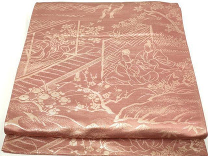 平和屋着物◎六通柄袋帯　風景人物文　金糸　正絹　逸品　DABA3059qa
