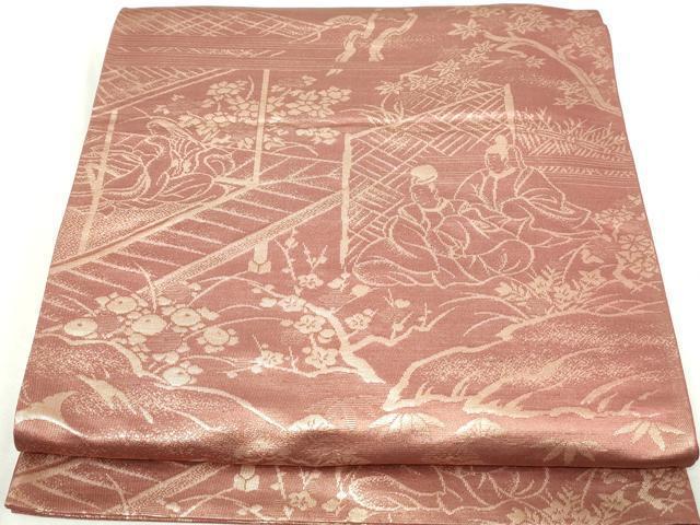 平和屋着物◎六通柄袋帯　風景人物文　金糸　正絹　逸品　DABA3059qa
