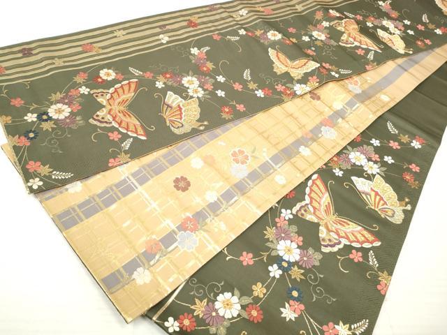 410my53◇水仙 蝶 花水木 タンポポ 金糸 六通 袋帯◇美品 410my53◇水仙 蝶 花水木 タンポポ 金糸 六通 袋帯◇美品