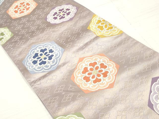 平和屋着物◎六通柄袋帯 唐織 亀甲花文 金銀糸 正絹 逸品