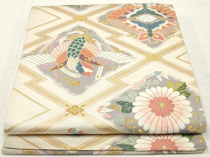 平和屋着物◎六通柄袋帯 唐織 松皮菱鳳凰花文 金銀糸 正絹 逸品 DABA3139qa