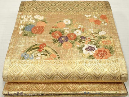 平和屋着物◎佐賀錦 六通柄袋帯 綴織 唐織 横段花丸文 金糸 正絹 逸品 DABA3140qa