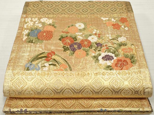 平和屋着物◎佐賀錦 六通柄袋帯 綴織 唐織 横段花丸文 金糸 正絹 逸品 DABA3140qa