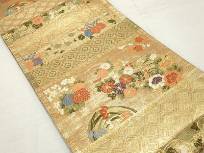 平和屋着物◎佐賀錦 六通柄袋帯 綴織 唐織 横段花丸文 金糸 正絹 逸品 DABA3140qa