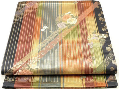 平和屋着物◎両面 六通柄袋帯 唐織 花丸間道 金糸 反端付き 正絹 逸品 DABA3141qa