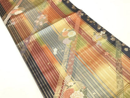 平和屋着物◎両面 六通柄袋帯 唐織 花丸間道 金糸 反端付き 正絹 逸品 DABA3141qa