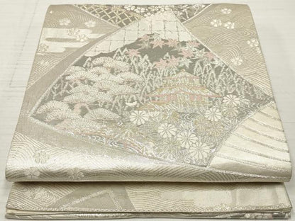 平和屋着物◎六通柄袋帯 扇面枝花文 金銀糸 正絹 逸品 DABA3153qa