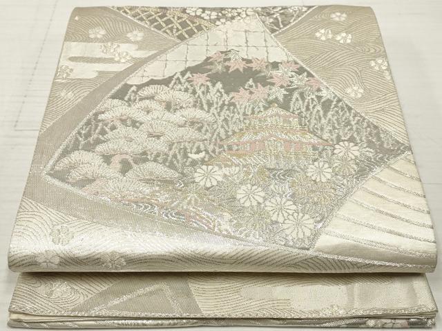 平和屋着物◎六通柄袋帯 扇面枝花文 金銀糸 正絹 逸品 DABA3153qa