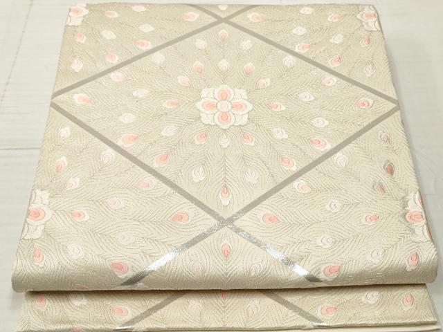 平和屋着物◎六通柄袋帯 唐織 孔雀菱文 銀糸 正絹 逸品 DABA3155qa