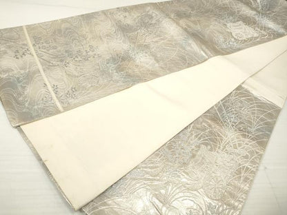 平和屋着物◎六通柄袋帯　御所車花文　銀糸　正絹　逸品　DABA3208qa