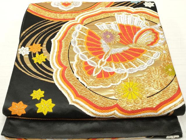 平和屋着物◎六通柄袋帯　唐織　流水花蝶文　黒地　金銀糸　正絹　逸品　DABA3212qa