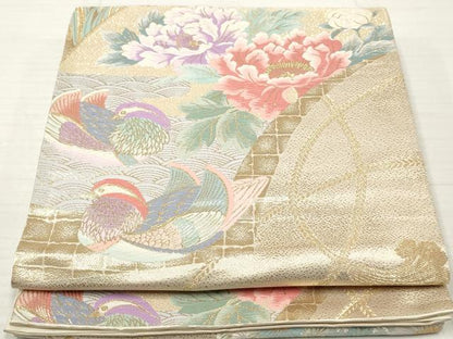 平和屋着物◎六通柄袋帯　唐織　珀韻　鴛鴦花文　金銀糸　正絹　逸品　DABA3218qa