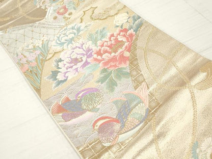 平和屋着物◎六通柄袋帯　唐織　珀韻　鴛鴦花文　金銀糸　正絹　逸品　DABA3218qa