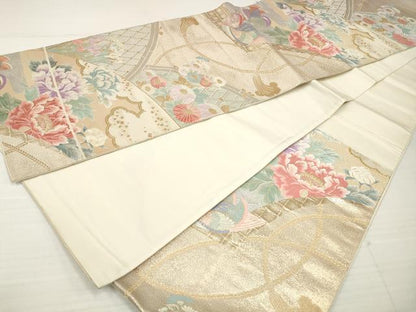 平和屋着物◎六通柄袋帯　唐織　珀韻　鴛鴦花文　金銀糸　正絹　逸品　DABA3218qa