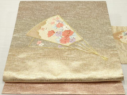 平和屋着物◎九寸名古屋帯　駒刺繍　総刺繍　扇面花文　金糸　正絹　逸品　DABA3226qa