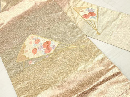 平和屋着物◎九寸名古屋帯　駒刺繍　総刺繍　扇面花文　金糸　正絹　逸品　DABA3226qa
