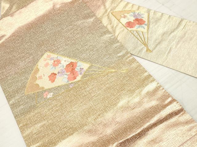 平和屋着物◎九寸名古屋帯　駒刺繍　総刺繍　扇面花文　金糸　正絹　逸品　DABA3226qa