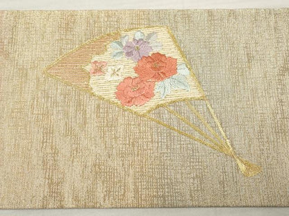 平和屋着物◎九寸名古屋帯　駒刺繍　総刺繍　扇面花文　金糸　正絹　逸品　DABA3226qa