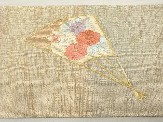 平和屋着物◎九寸名古屋帯　駒刺繍　総刺繍　扇面花文　金糸　正絹　逸品　DABA3226qa