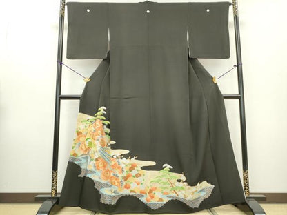 平和屋着物■豪華黒留袖　駒刺繍　孔雀花文　金彩　正絹　逸品　DABA3233qa