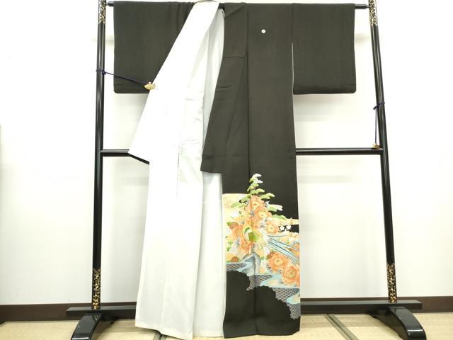 平和屋着物■豪華黒留袖　駒刺繍　孔雀花文　金彩　正絹　逸品　DABA3233qa