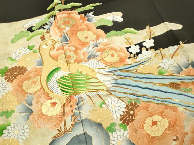 平和屋着物■豪華黒留袖　駒刺繍　孔雀花文　金彩　正絹　逸品　DABA3233qa
