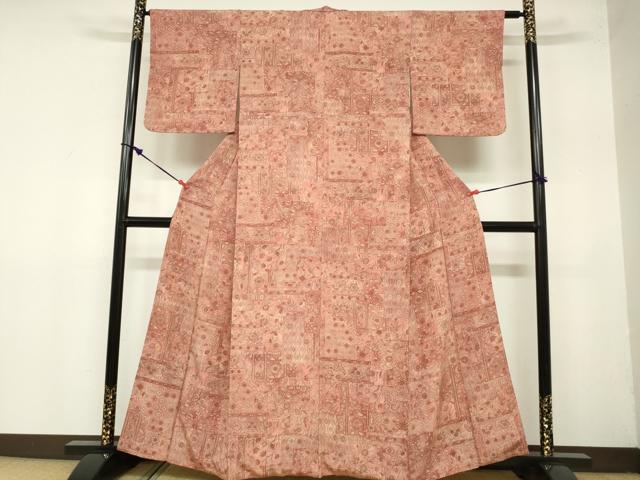 平和屋着物■上質な小紋　切嵌更紗花文　正絹　逸品　DABA3294qa