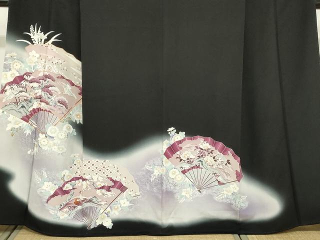平和屋着物■豪華黒留袖 駒刺繍 扇面飛鶴枝松文 暈し染め 正絹 逸品 DABA3302qa