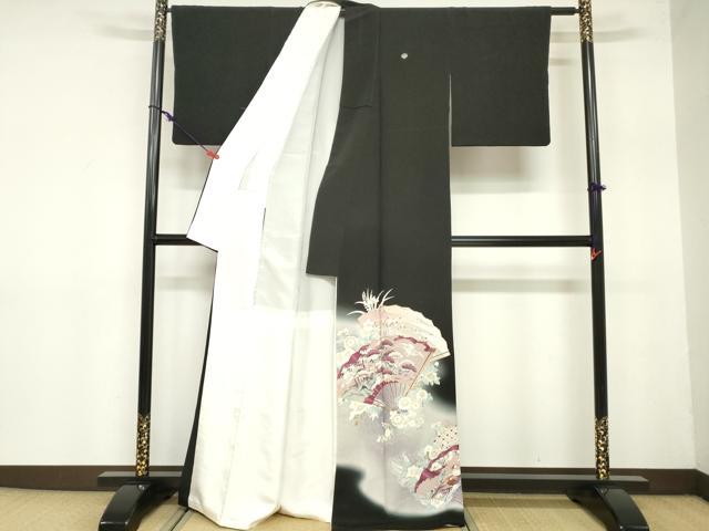 平和屋着物■豪華黒留袖 駒刺繍 扇面飛鶴枝松文 暈し染め 正絹 逸品 DABA3302qa