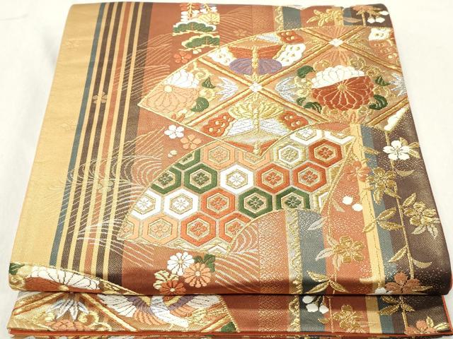 平和屋着物◎六通柄袋帯 唐織 地紙花蝶間道 金銀糸 正絹 逸品 DABA3357qa