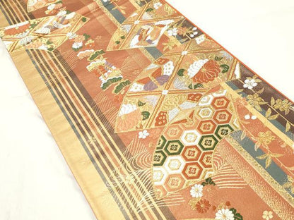 平和屋着物◎六通柄袋帯 唐織 地紙花蝶間道 金銀糸 正絹 逸品 DABA3357qa