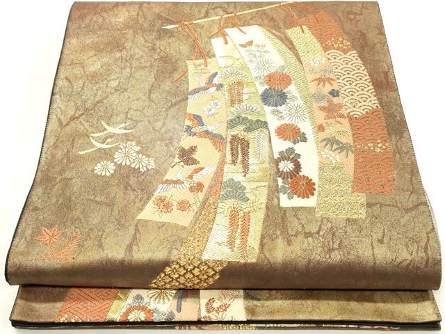 平和屋着物◎六通柄袋帯 唐織 短冊花鳥文 金糸 引箔 正絹 逸品 DABA3359qa
