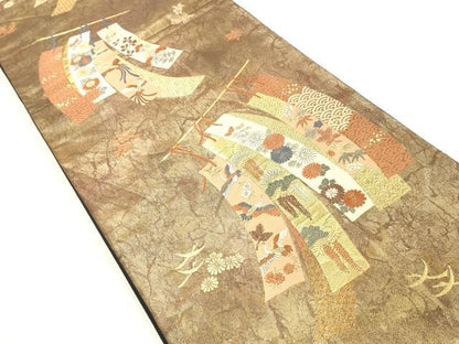平和屋着物◎六通柄袋帯 唐織 短冊花鳥文 金糸 引箔 正絹 逸品 DABA3359qa
