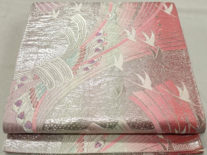 平和屋着物◎六通柄袋帯 唐織 束ね熨斗飛鶴文 銀糸 正絹 逸品 DABA3366qa