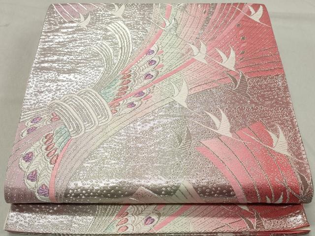 平和屋着物◎六通柄袋帯 唐織 束ね熨斗飛鶴文 銀糸 正絹 逸品 DABA3366qa