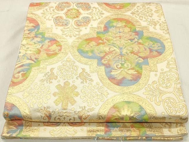 平和屋着物◎六通柄袋帯 幾何学花文 金糸 正絹 逸品 DABA3376qa
