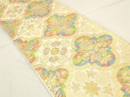 平和屋着物◎六通柄袋帯 幾何学花文 金糸 正絹 逸品 DABA3376qa