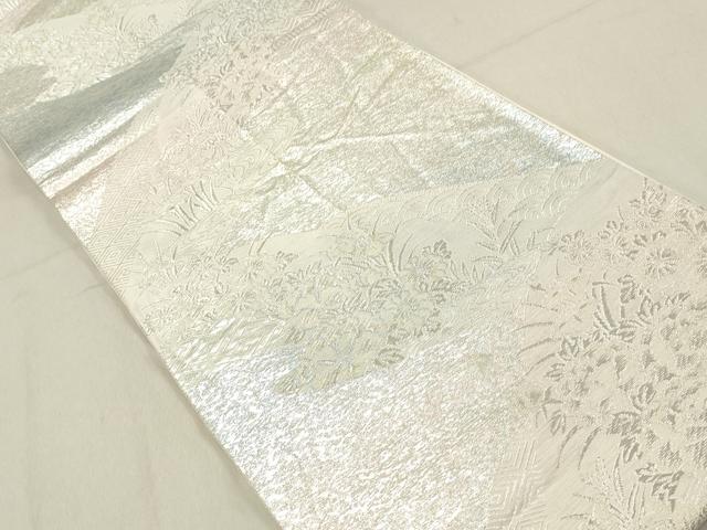 平和屋着物◎六通柄袋帯 草花文 銀糸 正絹 逸品 DABA3381qa