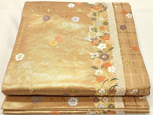 平和屋着物◎佐賀錦　六通柄袋帯　唐織　草花間道　金糸　正絹　逸品　DABA3409qa