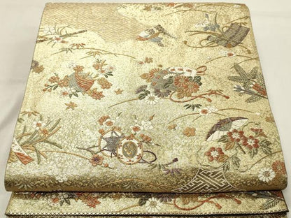 平和屋着物◎六通柄袋帯　唐織　雲取り扇面花文　金糸　正絹　逸品　DABA3421qa