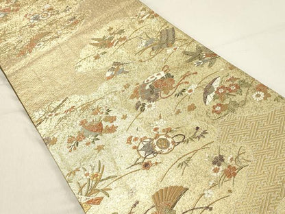 平和屋着物◎六通柄袋帯　唐織　雲取り扇面花文　金糸　正絹　逸品　DABA3421qa