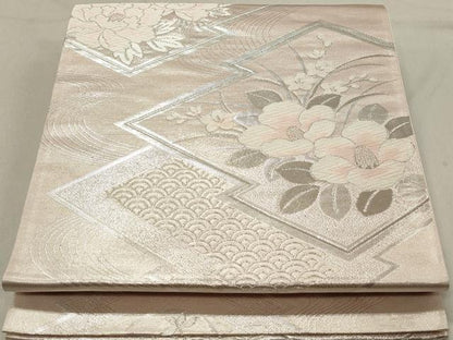 平和屋着物◎六通柄袋帯　唐織　松皮菱花文　椿　銀糸　正絹　逸品　DABA3423qa