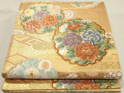平和屋着物◎六通柄袋帯　唐織　能段花華文　金糸　正絹　逸品　DABA3427qa