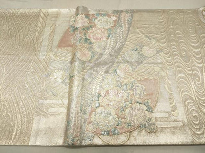 平和屋着物◎佐賀錦 六通柄袋帯 地紙草花文 銀糸 正絹 逸品 DABA3437qa