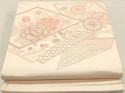 平和屋着物◎太鼓柄袋帯 総刺繍 色紙草花文 正絹 逸品 DABA3448qa
