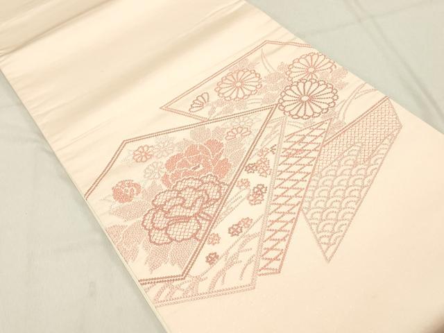 平和屋着物◎太鼓柄袋帯 総刺繍 色紙草花文 正絹 逸品 DABA3448qa
