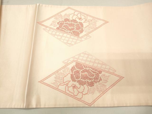 平和屋着物◎太鼓柄袋帯 総刺繍 色紙草花文 正絹 逸品 DABA3448qa