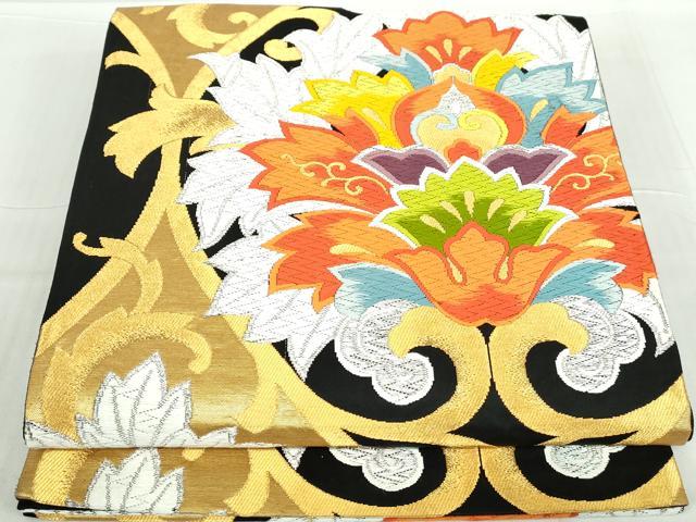 平和屋着物◎六通柄袋帯 唐織 立涌更紗花文 黒地 金銀糸 正絹 逸品 DABA3502qa