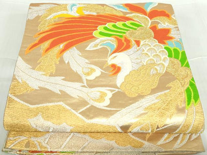 平和屋着物◎六通柄袋帯 唐織 扇面鳳凰文 金銀糸 正絹 逸品 DABA3503qa